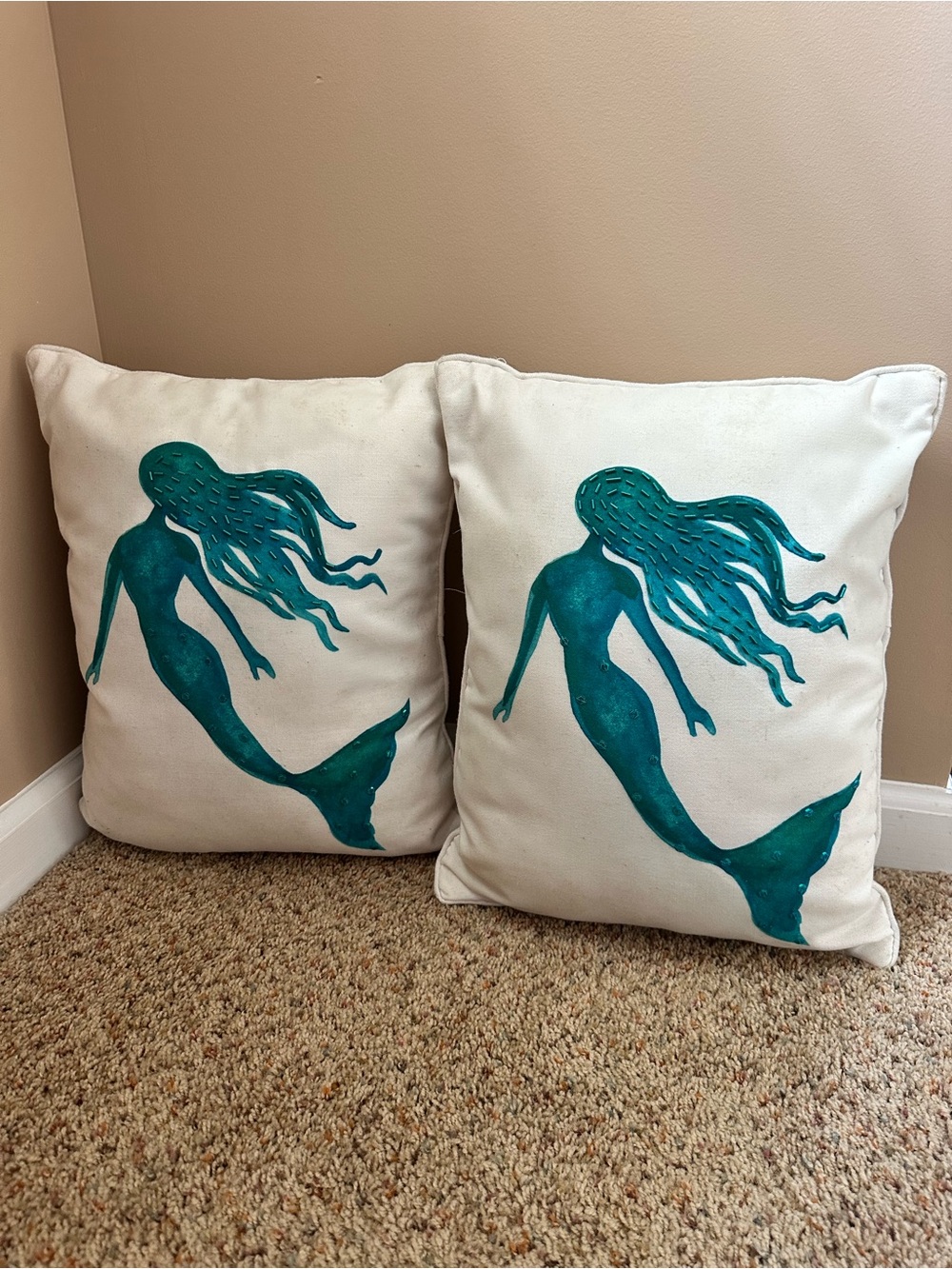 Pair of 13”x17” teal and cream beaded mermaid accent pillows